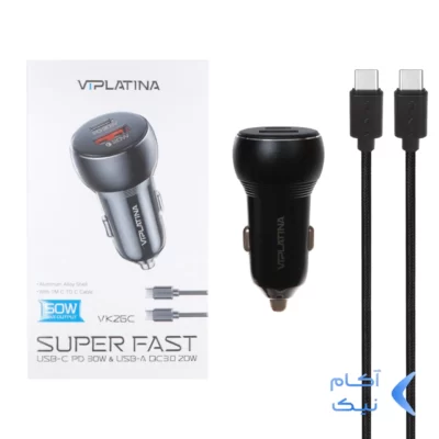 شارژر فندکی PD و فست دو پورت VIPLATINA مدل VK26C 50W به همراه کابل شارژ Type-C To Type-C - مشکی (گارانتی 18 ماه تعویض نیکان همراه)