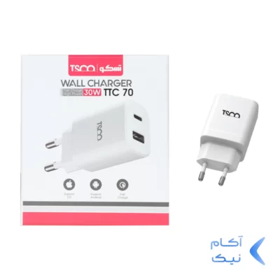 شارژر دیواری PDو فست دو پورت 30 وات TSCO مدل TTC 70 - سفید