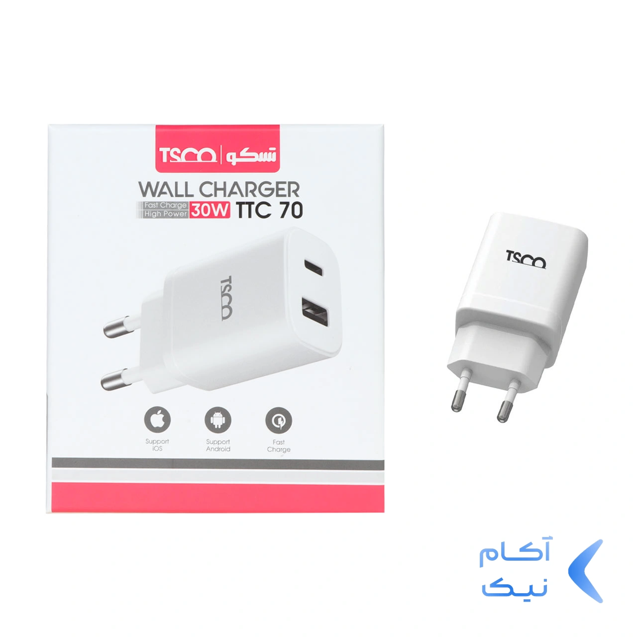 1590848-1.webp شارژر دیواری PDو فست دو پورت 30 وات TSCO مدل TTC 70 - سفید