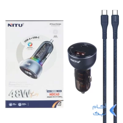 شارژر فندکی فست و PD دو پورت Nitu مدل NDC40 48W به همراه کابل شارژ Type-C To Type-C - سرمه ای (گارانتی 18 ماه تعویض نیکان همراه)