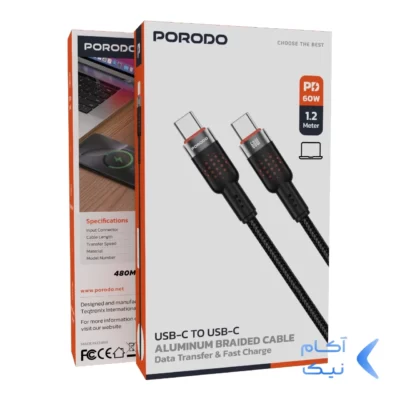 کابل شارژ 1.2 متری PD و فست Porodo Type-C To Type-C مدل PDCBL0009BK 60W - مشکی (گارانتی 24 ماهه ایویز)