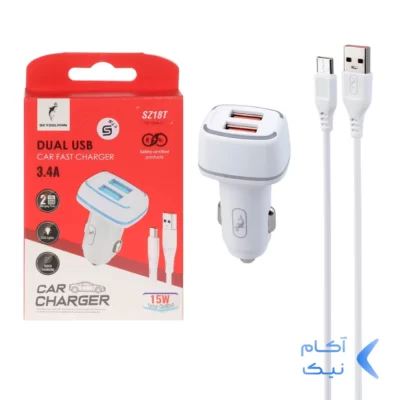 شارژر فندکی فست دو پورت SKY DOLPHIN مدل SZ18T 15W به همراه کابل شارژ Type-C - سفید - DST (گارانتی شش ماهه)